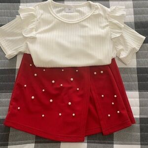 White Ruffle Top and Red Skirt Set